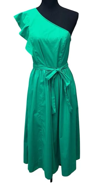 J Crew One Shoulder Flowy Fashion Trendy Belted Midi Dress US‎ Women's 10 NWT thumbnail 1
