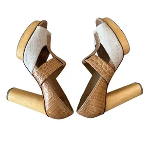 Tory Burch Georgina Linen Platform Heels Croc Leather Peep Toe‎ Sz 9 thumbnail 10
