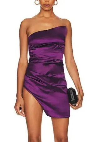 superdown Revolve Purple Satin Strapless Mini Dress XXS Slit Ruched Keisha NEW thumbnail 1