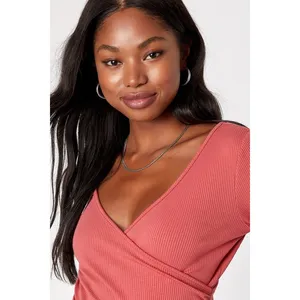 Lulus All Day Fave Rusty Rose Ribbed Surplice Long Sleeve Top Stretch Medium NWT thumbnail 4