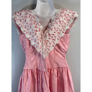 Vintage Alfred Angelo Floral Jacquard Midi Dress Lace Trim‎ Basque Waist 80s XS thumbnail 7