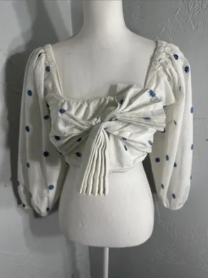 FARM Rio White Puff-Sleeve Crop Top with Blue flowers Print. thumbnail 11