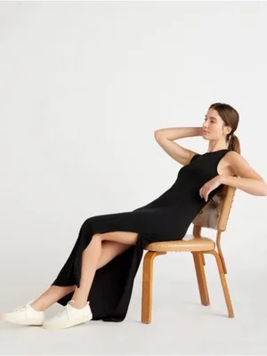 Quince Tencel Tank Maxi Dress Small Black Slit Minimal Vacation Classic Chic thumbnail 3