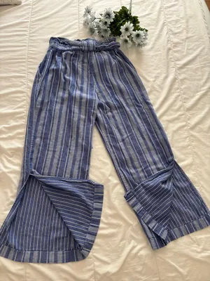 Pull-On Wide Leg Minimalist ResortWear Striped Blue White 100% Cotton Pants Sz S thumbnail 6