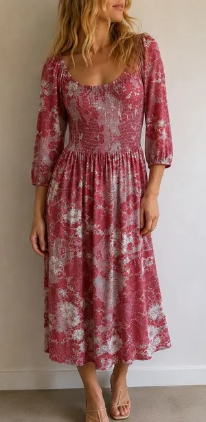 Natural Life Pink Floral Smocked Midi Dress‎ Small Boho Cottagecore thumbnail 1