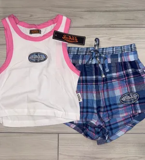 Von Dutch Pajama Set White Pink Ringer Crop Top Blue Plaid Shorts Small NWT thumbnail 1