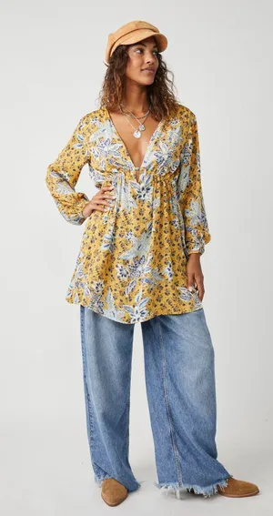 Free People NWT Soli Golden Hour Combo Yellow V-Neck Long Sleeve Mini Dress thumbnail 4