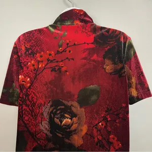 Vintage Floral Top Velvety Ribbed Short Sleeves Deep Red Mock Neck‎ Women Medium thumbnail 7