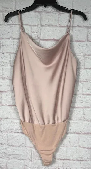 Light Pink Satin and Jersey Bodysuit with Cowl Neck and Adjustable Straps Med thumbnail 1