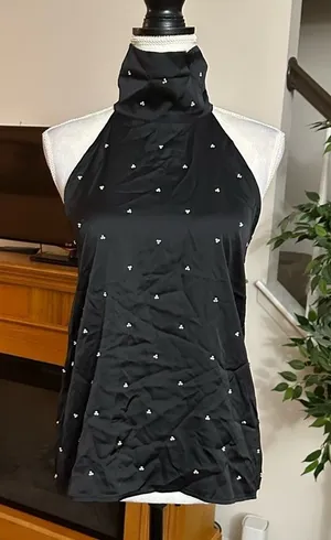 Ann Taylor Satin Top High Neck Pearl beads Sleeveless Office Work Goth NWT Sz S thumbnail 1