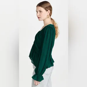 NWT Free People Teal Textured Peasant Daia Top Small thumbnail 2