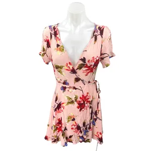 Lulus Cherished Love Pink Floral Short Sleeve Mini Fit & Flare Wrap Dress Size M thumbnail 2