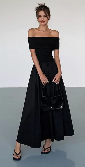 Commense Frenchy Solid Off Shoulder Elegant Minimalist Black Maxi Dress NWT S thumbnail 1