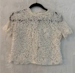 Zara Trafaluc White Lace Crop Top Short Sleeve Full Zip Back Textured Floral M‎ thumbnail 1