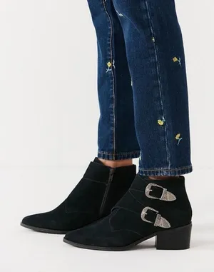 EUC Black Suede Thalia Western Pointed Toe Booties Silver Buckle Women's Size 9 thumbnail 1
