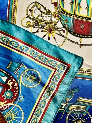 VINTAGE EQUESTRIAN horse&carriage ROYAL BLUE silky SCARF 35’/35’ inches thumbnail 17