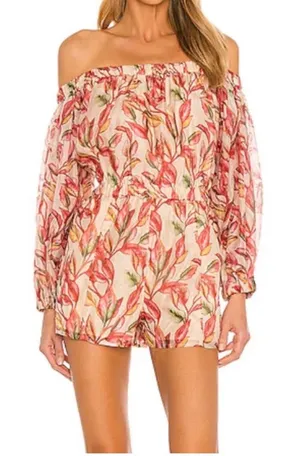 Lovers + Friends Bosworth Emory Tropical Print Tank Tan Red Floral Romper S NWOT thumbnail 1