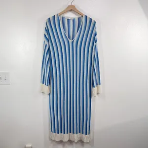 Zara Knit Dress Women's Medium Blue‎ White Vertical Stripe Linen Blend Maxi Slit thumbnail 2