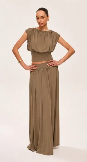 COMMENSE NWT Sold Out Khaki Taupe Gathered Top & Flowy Maxi Skirt Set XS thumbnail 1