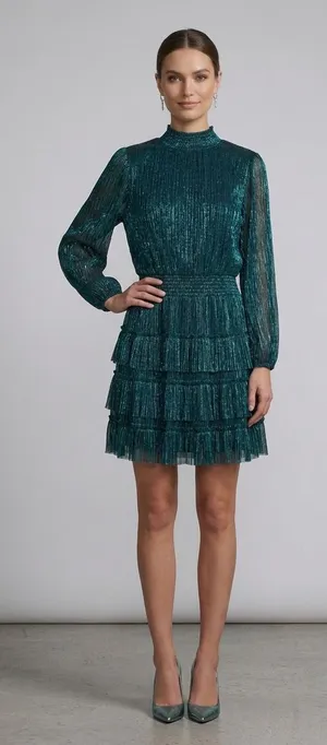 Women's Green Metallic Tiered Long Sleeve Mini Dress thumbnail 1