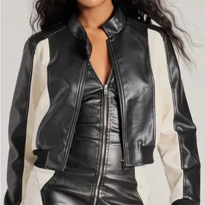 Women's Black and Cream Faux Leather Bomber Jacket thumbnail 1
