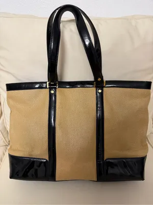 Tory Burch Tan Canvas Tote with Black Patent Leather Trim thumbnail 6