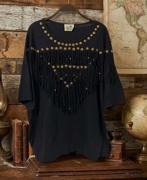 Vintage Black Fringe Top with Gold Stud Accents thumbnail 1