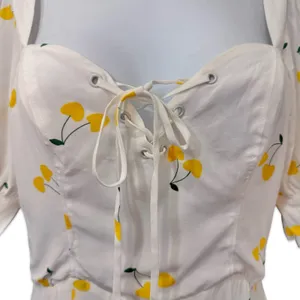 For Love & Lemons White Yellow Cherry Ashland Lace Up Mini Dress size XS NEW Tag thumbnail 7