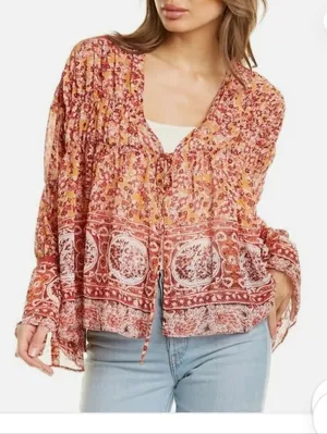Free People Lorienne Rust and Pink Floral Border Peasant Blouse Boho Small thumbnail 1