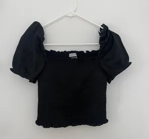 black rouched puffy sleeve crop top thumbnail 2