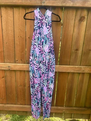 Lilly Pulitzer Wyota Tropical Jungle Blue Purple Jumpsuit Size Large thumbnail 4