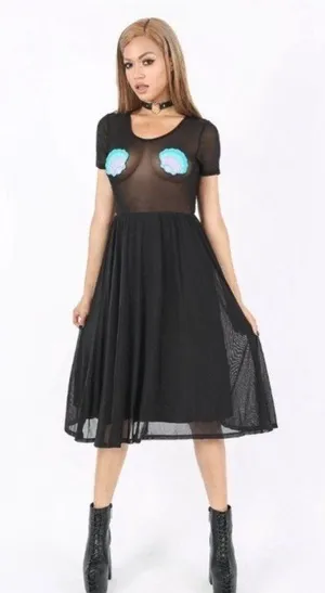 NEW! Iron Fist Mermaid For Life Sheer Black Midi Dress 3X Turquoise Blue Shells thumbnail 1