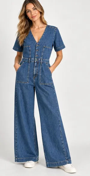 Rails Blue Moon Denim Jumpsuit Wide Leg V-Neck Button Front Blue XXL thumbnail 1