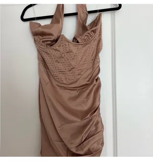 Oh Polly Elegant Halter Neck Dress in Shimmering Tan thumbnail 4