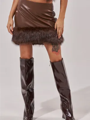 Akira Brown Faux Leather Mini Skirt with Fur Trim - Women thumbnail 3