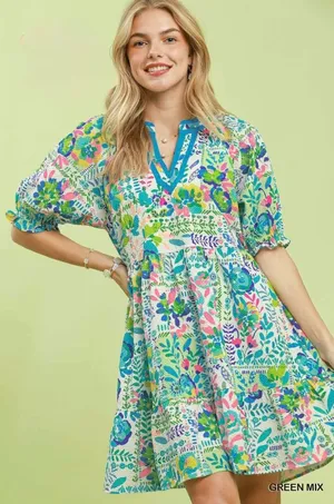 Umgee Mix Botanical Print Puff Sleeve Tiered Dress - Green‎ Mix - Small thumbnail 1