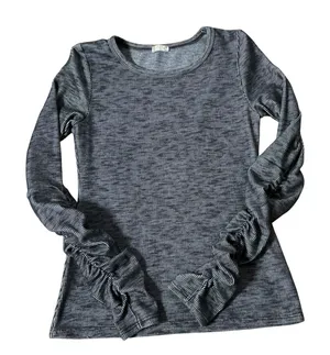 Free People Ruched Sleeve Striped Top Women Small Grey Space Dye Ribbed Knit Tee thumbnail 1