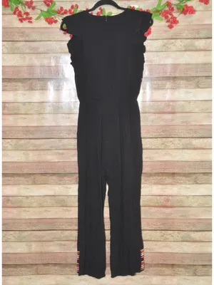 Savanna Jane M Black Embroidered Jumpsuit Boho Western Floral Wide Leg Rayon thumbnail 6