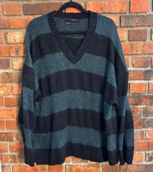 All Saints womens Lou Sparkle stripped V-neck metallic oversized sweater green S thumbnail 1