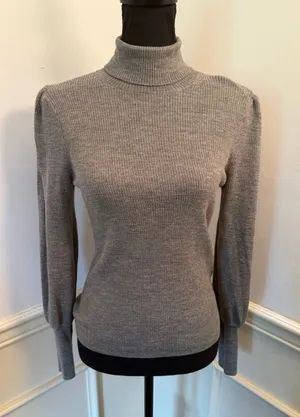 J.Crew 100% Merino Wool Ribbed Balloon Sleeve Turtleneck Sweater Gray Minimalist thumbnail 1