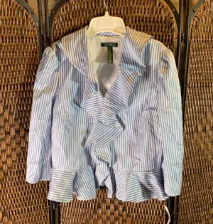 NWT Lauren Ralph Lauren Cotton and Silk Ruffle Collar Striped Blazer Size 12 thumbnail 1