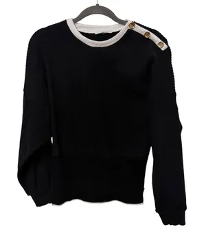 Zara Black White Ribbed‎ Knit Button Shoulder Sweater Womens Large Nautical Crew thumbnail 1