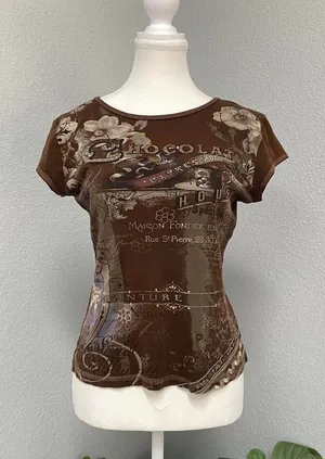 Y2k Brown Baby Tee Chocolate Espresso Coffee Floral Short Sleeve Rhinestone thumbnail 1