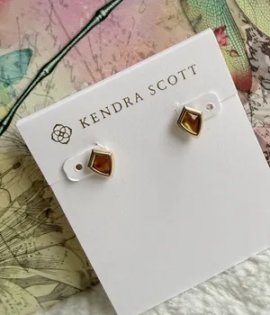 Kendra Scott Monica Gold Stud Earrings Marbled Amber Illusion 14 K Gold plated thumbnail 1