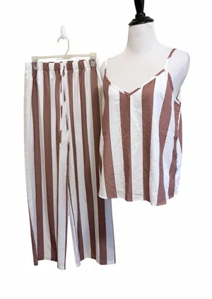 Shein medium Brown & White Vertical Stripe 2-Piece Resort Set thumbnail 1