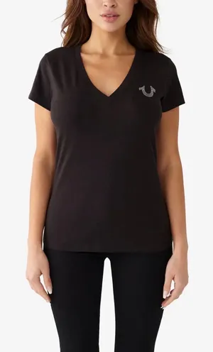 True Religion Crystal Horseshoe Logo V Neck Black Tee 2XL. thumbnail 1