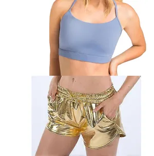 NWOT Amazon Blue Y Back Sports Bra & Gold Metallic Rave Bottoms BUNDLE Size L thumbnail 2