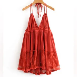 Halter Babydoll Mini Dress Boho Mesh Swiss Dot Hem Small Red Orange thumbnail 9