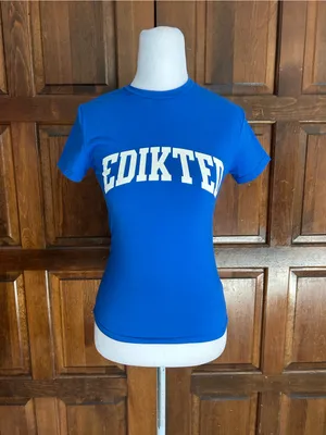 Edikted Sporty Babe T Shirt Blue Size XS Varsity Graphic Baby Tee Cropped NWT thumbnail 2