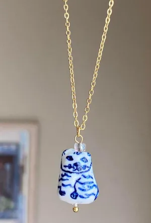 ceramic cute cat boho retro vintage style necklace🐈🩵 thumbnail 2
